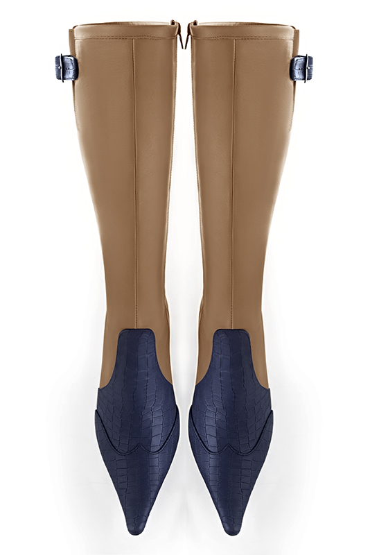 Navy blue and camel beige women's knee-high boots with buckles. Pointed toe. Medium cone heels. Made to measure. Top view - Florence KOOIJMAN